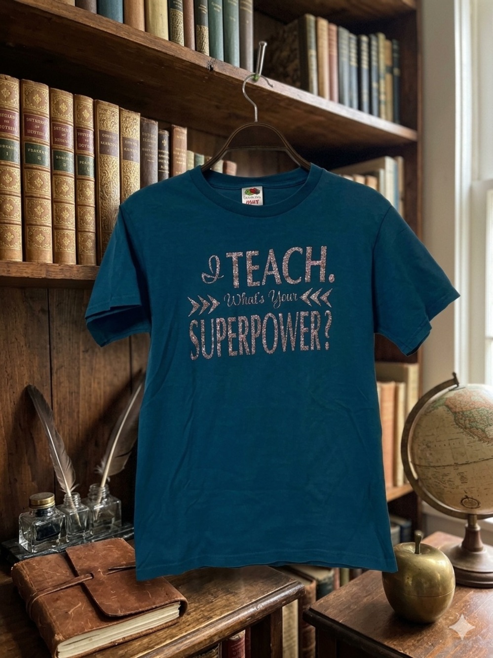 Fruit of the Loom Teal Womens  Tee - "I Teach, What's Your Superpower?"